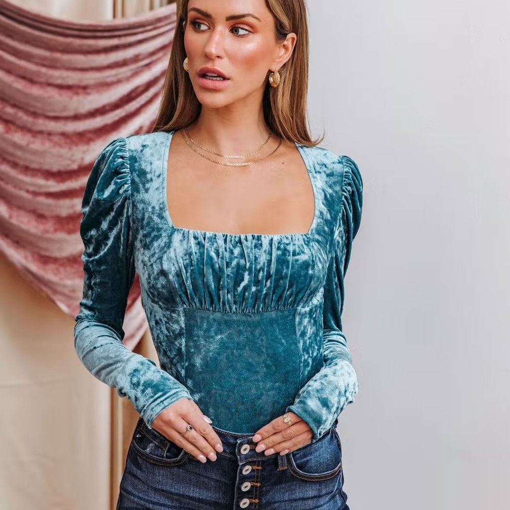 NEW - DINA VELVET PUFF SLEEVE TOP - TEAL - Picture 2 of 5